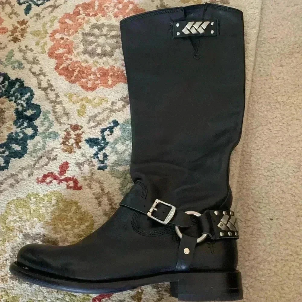 Knee High Black Frye Boots With Silver Adornments